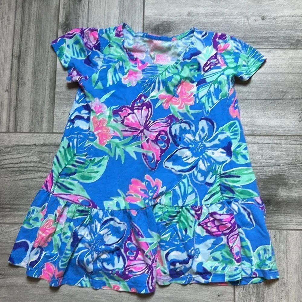 Lilly Pulitzer Kids Blue Floral Ruffle Cap Sleeve Fit & Flare Dress Size 2